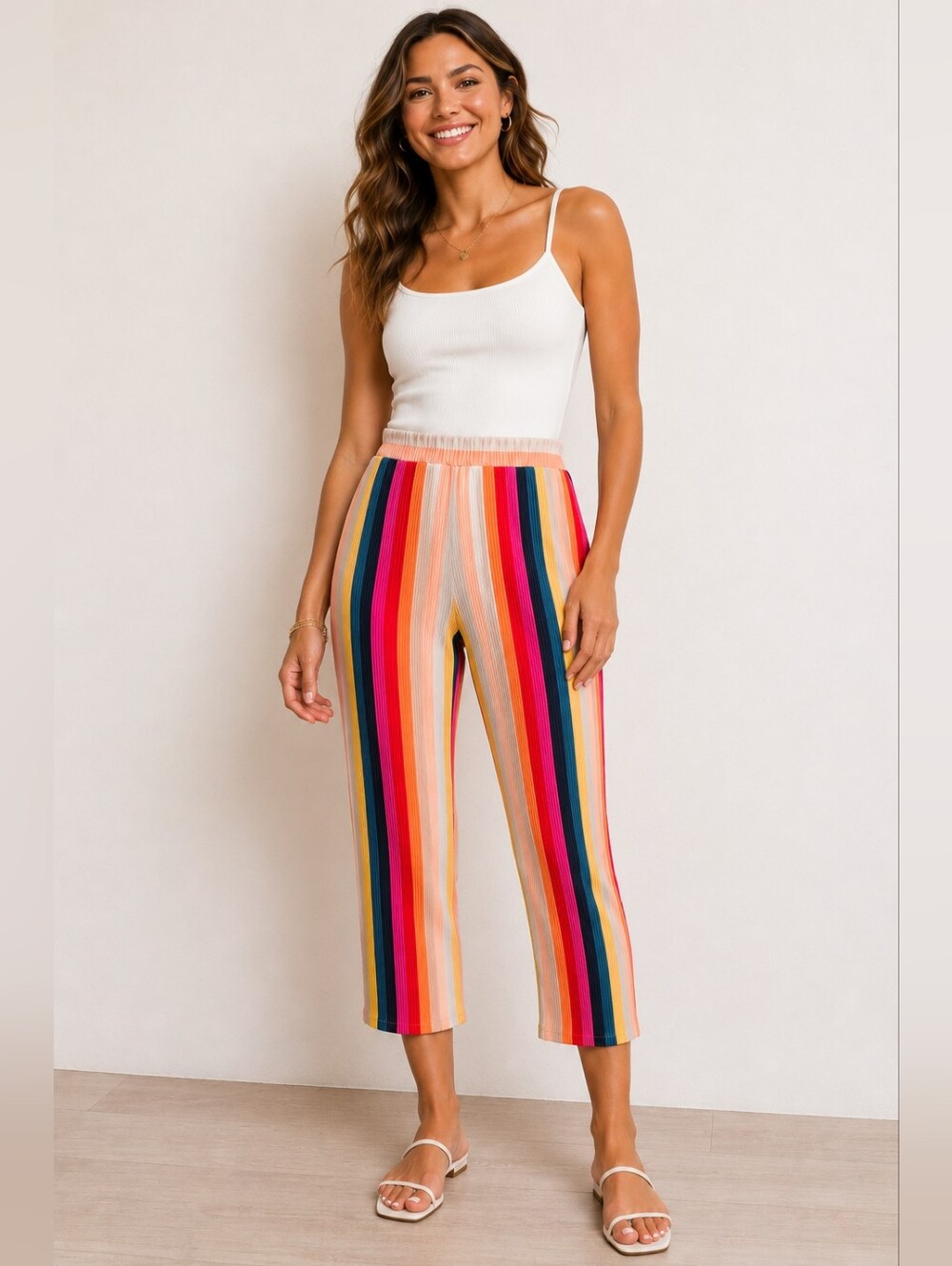 Kling Rainbow Pleated Wide Leg Pants Colorful Striped Dopamine Style
